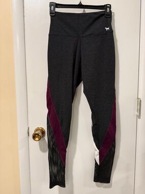 PINK Victoria's Secret Black Leggings with Plum & White Accents